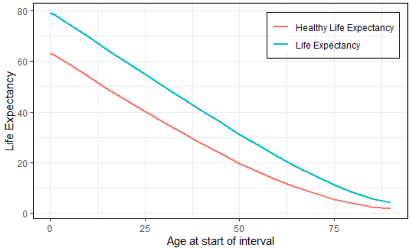 Life expectancy and healthy life expectancy as a function of age.